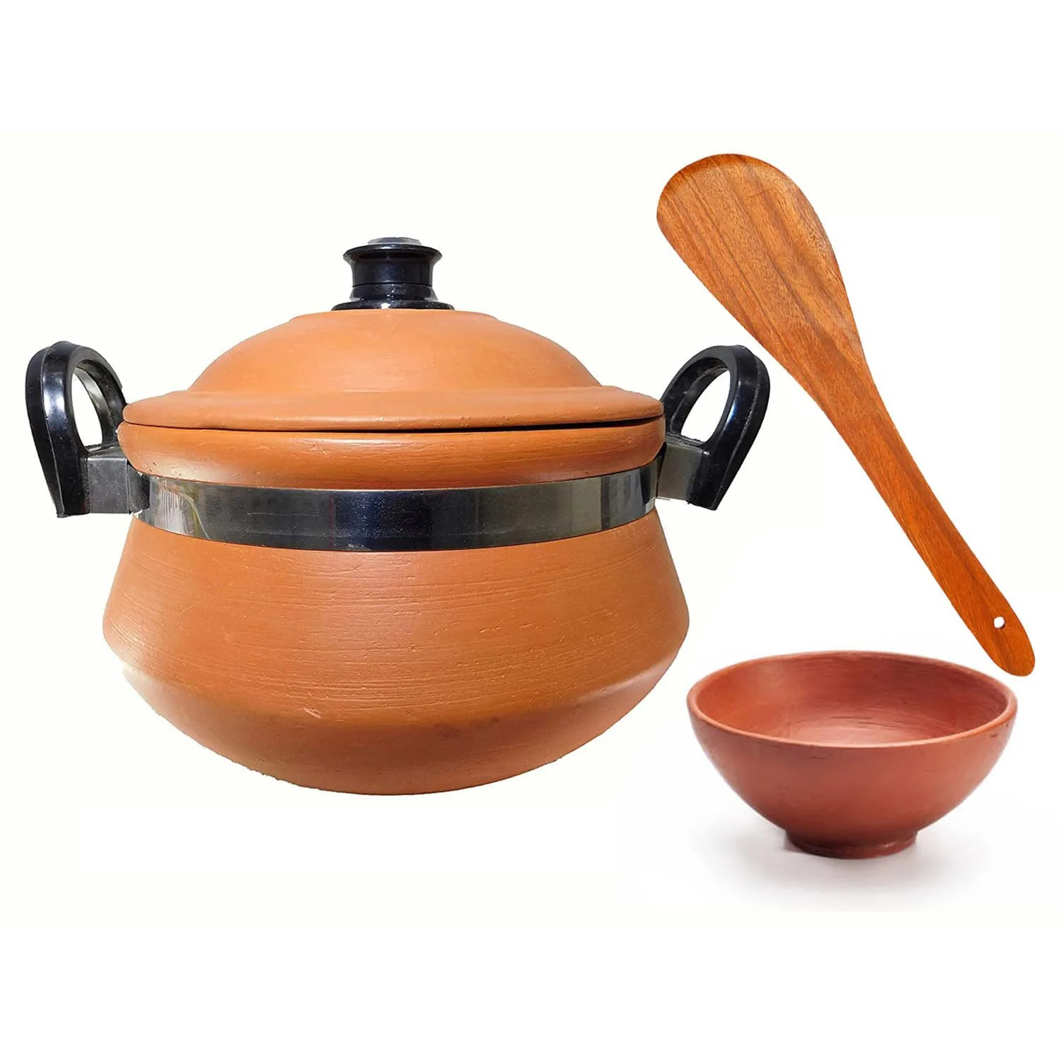 KSI Terracotta Hand Made 3.5 Liters Clay Pottery Earthen Handi with Lid for Cooking and Storage with Free Wooden Spatula and Serving Bowl 3.5 LITERS