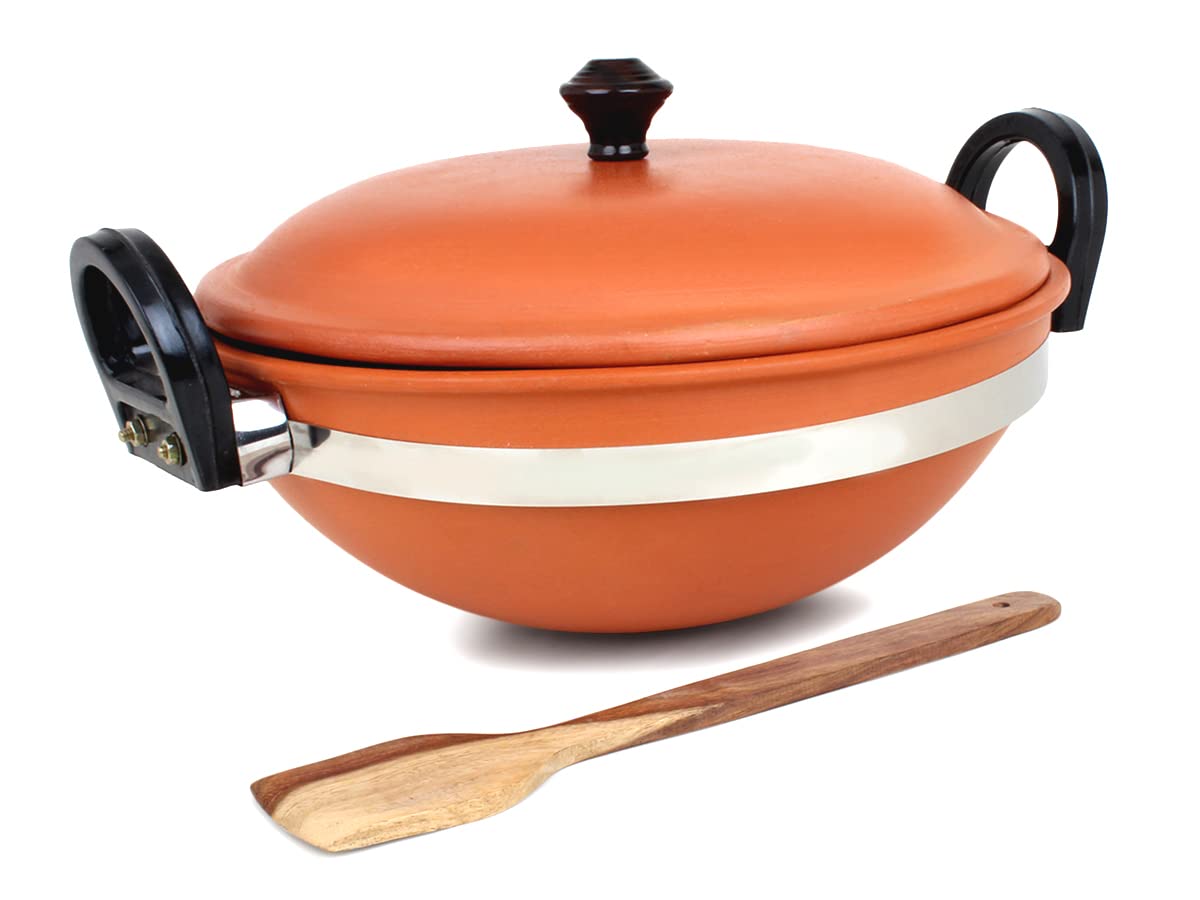 KSI Handmade Terracotta Kadhai with Lid Pottery Earthen Clay Kadai with Lid and Wooden Spatula Combo for Cooking 2.5 litres